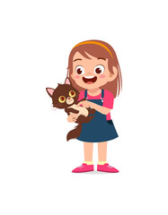 Sticker - little girl playing together with cute cat