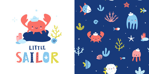 Wall Mural - deep blue underwater pattern for baby apparel. nautical seamless vector print set for textile and fa