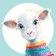 Urocza owieczka w sweterku - dekoracja do pokoju dziecięcego. Kolorowy plakat z barankiem do dziecięcej sypialni. Ilustracja, grafika ze słodkim zwierzakiem dla dzieci.