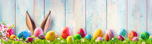 Easter - Ears Bunny Behind Eggs On Wooden Plank