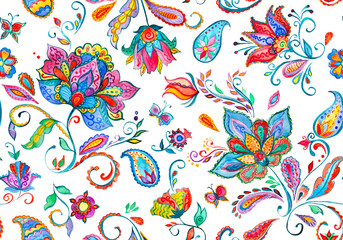 paisley watercolor floral pattern tile with flowers, flores, tulips, leaves. oriental traditional ha