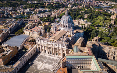 St. Peter's cathedral and square (aerial drone photo). Vatican, Rome, Italy