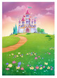 Ilustración del castillo mágico en el campo de flores