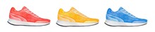 Watercolour Illustration Collection Of Bright Colorful Sport Shoes In Different Color. Side View. Hand Painted Water Color Sketch, Cut Out Clipart Elements For Design, T-shirt Print, Poster, Banner.