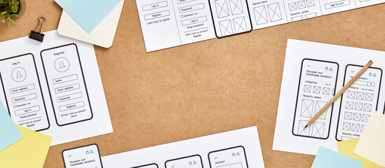 Wall Mural - mobile responsive website project concept web banner. top view image of web ux designer workspace wi