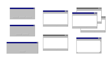Windows system message templates. Retro 90s PC interface. Vector set of error message, blank window, notepad. Collection of empty copy space elements of computer operating system