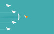 Orange paper plane leader fly supersonic speed on the blue sky. Competition concept. Vector illustration flat design for poster, banner, presentation, and background.