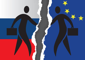 Canceled partnership, torn paper concept. 
Stylized illustration of Two partners shaking hands at meeting on ripped paper. Men with Russian flag and European Union flag. Vector available.