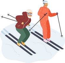 Active Mature Couple Skiing Illustration