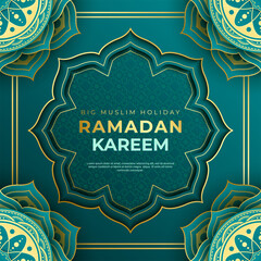 Canvas Print - Ramadan kareem background, illustration with green ornate arabic mosque on paper style. Vector illustration