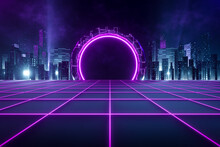 3d Rendering Futuristic Sci Fi City With Pink Neon Wireframe Ground. Downtown District At Night With Big Hi Tech Portal.
