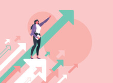 Leadership, Leading To Success Or Business Vision Concept. Businesswoman Is Pointing Direction Forward And Standing On Flying Arrows In Pink Background.