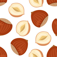 Wall Mural - Hazelnut background. Vector seamless pattern with nuts. Cartoon flat illustration.