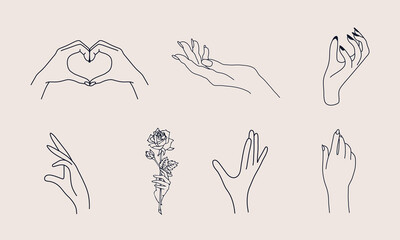 A set of Woman's hand icon collections in a minimal linear style. Vector logo design templates with different hand gestures, Crystal. For cosmetics, beauty, tattoo, Spa, feminine, jewelry store