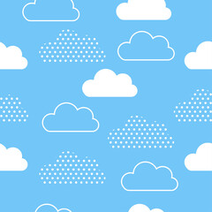 Wall Mural - Seamless pattern background with White fluffy cartoon clouds on light blue sky. Vector illustration for kids fabric or backdrop.