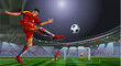 soccer or football player is kicking ball on stadium