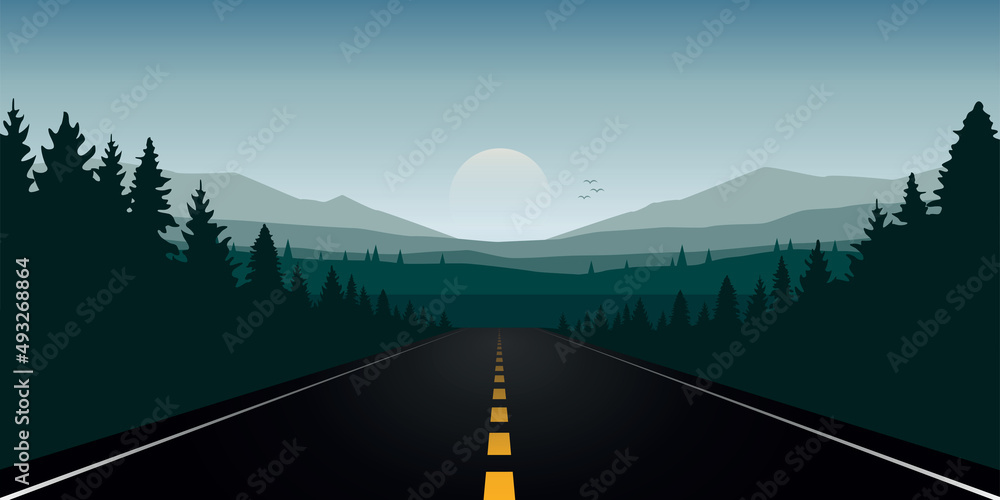straigth road in the forest with green mountain landscape Stock Vector ...