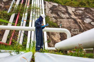 Poster - Male worker inspection visual pipeline oil and gas corrosion  tube steam pipeline