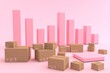 © Dimension Aesthetic - 3D rendering of  mock up of pink bar chart sort high low surrounded by variety of cardboard box and boxes of various sizes. Business on mobile and transportation concept, isolated on pink background.