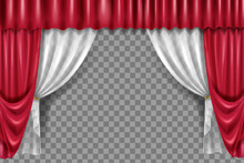 Red Stage Curtain, Vector Theatre Velvet Drapery Illustration On Transparent Background, Luxury Opera Frame. White Tulle, Realistic Silk, 3D Classic Cinema Interior Cloth. Stage Curtain Backdrop