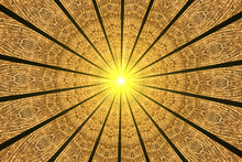 Yellow Sun With Radial Rays Design. Light Brown Round Ornament  Kaleidoscope Abstract Art Picture.