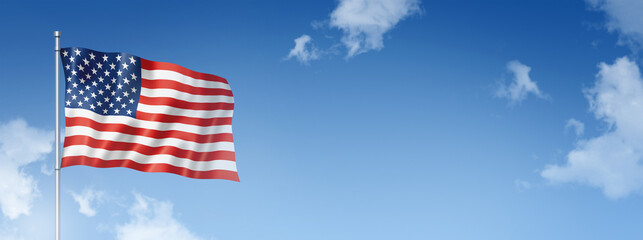Wall Mural - United States flag isolated on a blue sky. Horizontal banner