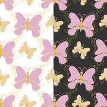 Butterfly Cute Seamless Pattern. Outline Yellow Elegant Contour Image, Lilac Pink Beige Color Palette. Light Or Dark Easy Editable Color Background. Vector