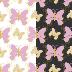 Butterfly cute seamless pattern. Outline yellow elegant contour image, lilac pink beige color palette. Light or dark easy editable color background. Vector