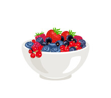 Wild Berry In White Bowl Isolated. Vector Raspberry, Strawberry, Blueberry, Huckleberry And Currant. Cartoon Flat Illustration.