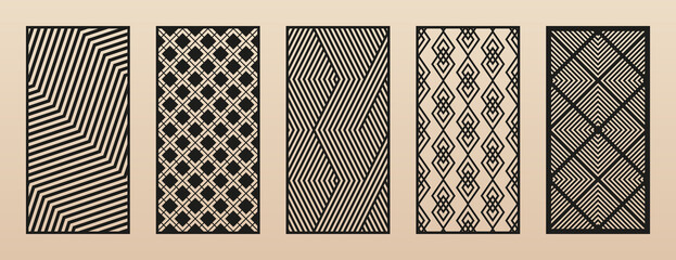 Fototapete - Set of laser cut patterns. Modern abstract geometric panels with diagonal lines, chevron, grid, diamonds, squares. Decorative stencil for laser cutting of wood, metal, paper, plastic. Aspect ratio 1:2