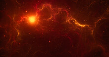 Space Background. Orange And Red Fractal Nebula With Sun And Star Field. Digital Painting