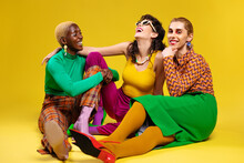 Cheerful Diverse Women In Retro Clothes