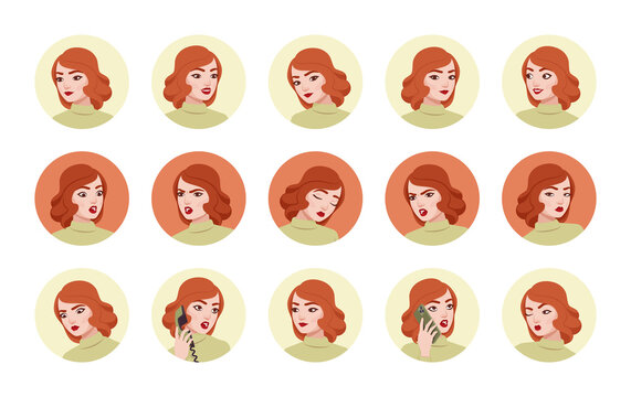 Pretty red hair girl, woman portrait set, businesswoman, female business bundle. Different emotions face icons, character pic. Vector flat style cartoon avatar circle set isolated on white background