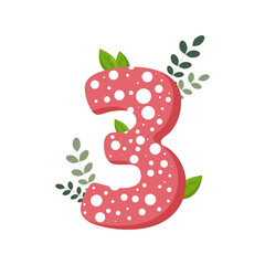 Cartoon color kids number three for girl with rounds. Flat pink number with decorative leaves. Design for birthday, card, party