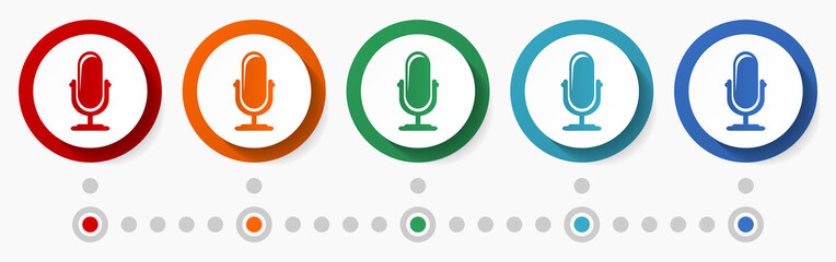 Fototapete - Microphone, podcast, radio concept vector icon set, flat design colorful buttons, infographic template in 5 color options