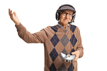 Sticker - Elderly man with headphones and joystick gesturing with hand