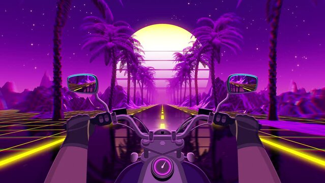 Wall Mural - 80s retro futuristic sci-fi seamless loop with motorcycle pov. Riding in retrowave VJ videogame landscape, neon lights and low poly grid. Stylized biker vintage vaporwave 3D animation background. 4K