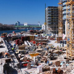 Construction site of new high-rise buildings on the Danube coast in Bratislava, Slovakia