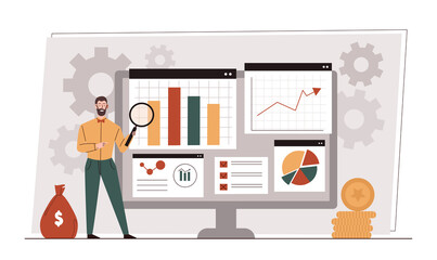 Business data analysis concept. Man with magnifying glass studies statistics and develops strategy for promoting company. Entrepreneur checks graphs and charts. Cartoon flat vector illustration
