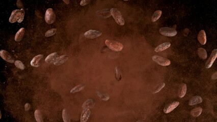 Aufkleber - Super slow motion of flying roasted cocoa beans up in the air. Filmed on high speed cinema camera, 1000fps. Speed ramp effect.