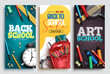 Back to school vector poster set. Back to school text in art board background with educational creativity supplies for education sale promotion ads collection. Vector illustration.
