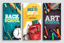 Back To School Vector Poster Set. Back To School Text In Art Board Background With Educational Creativity Supplies For Education Sale Promotion Ads Collection. Vector Illustration.
