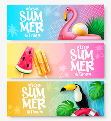 Wall Mural - summer vector banner set design. it's summer time text in colorful background with flamingo, toucan 