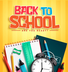 back to school vector design. back to school text with educational items of notebook and alarm clock