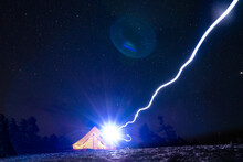 Light Painting Lightining Strike Tent On Wilderness Campsite