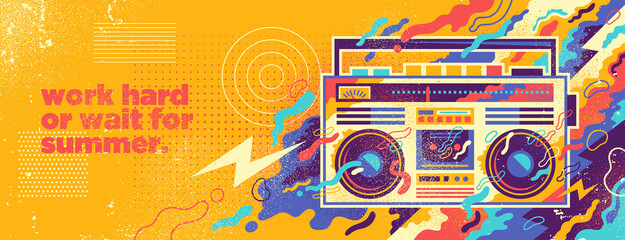 Wall Mural - Abstract lifestyle background design with retro boombox and colorful splashing shapes. Vector illustration.