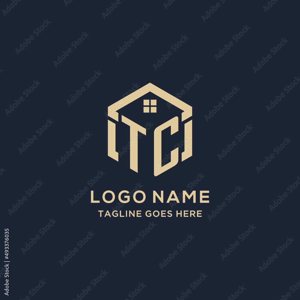 Initials TC logo with abstract home roof hexagon shape, simple and ...
