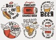 Beer set with can and cheer mug for brewing print. Vector brew design with skeleton and hot dog or beer fast food for bar