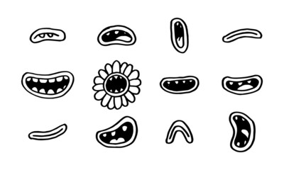 Wall Mural - collection of cute monsters mouth. hand drawn cartoon mouths with teeth, on white background. vector illustration for character design 