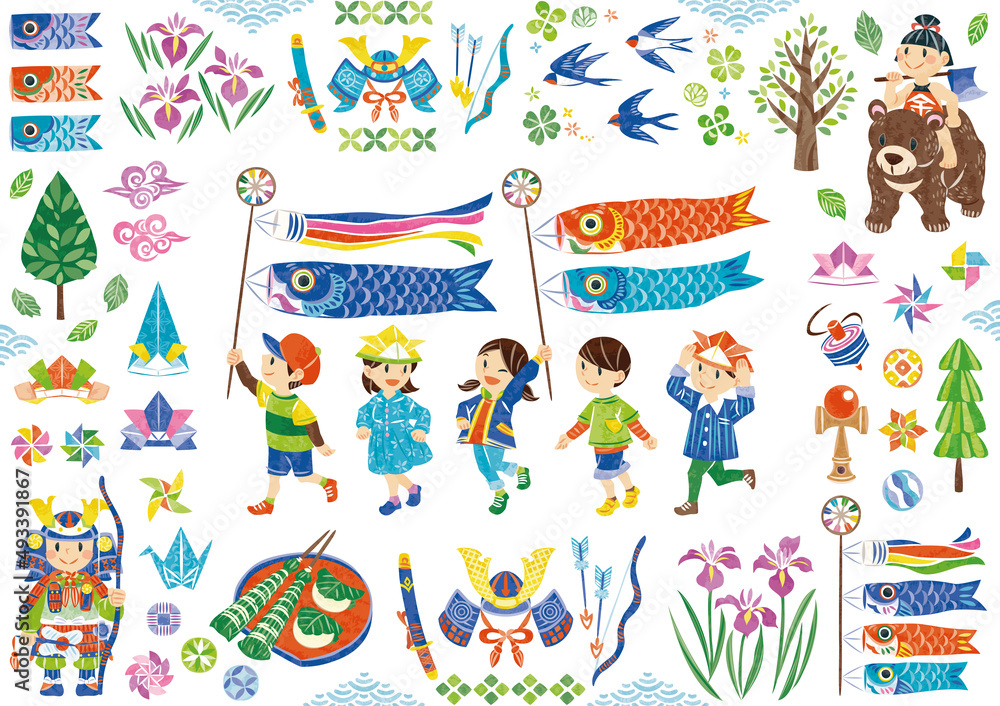5月 こどもの日 鯉のぼりと子どもたち イラスト素材セット Stock